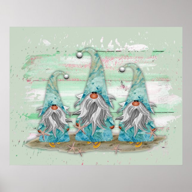 Affiche Tropcal Blue Watercolor Beach Gnomes (Devant)