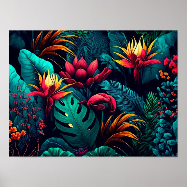 Affiche Tropical background with exotic flowers and leaves (Devant)