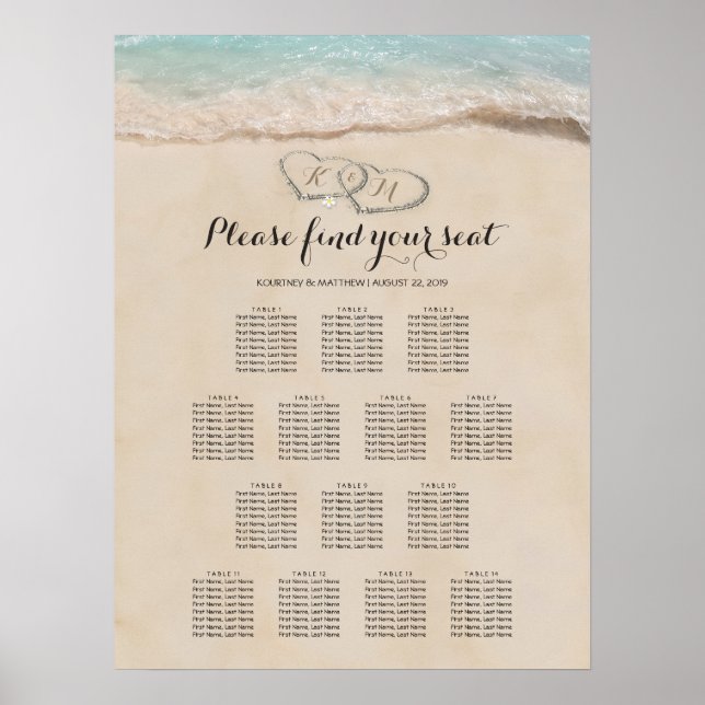 Affiche Tropical Beach Heart Mariage 14 Seating Chart (Devant)