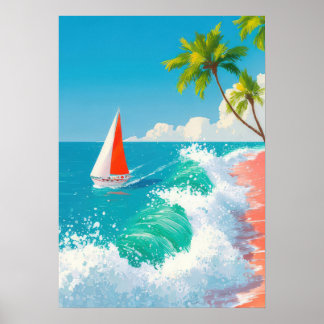 Affiche tropical beach scene with sailboat and waves
