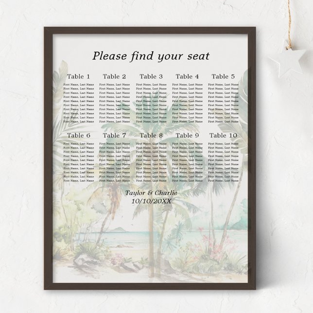 Affiche Tropical Beach Wedding 10 Tables Seating Chart (Créateur téléchargé)