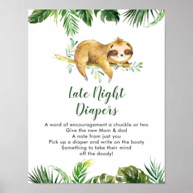 Affiche Tropical Boy Sloth Baby shower de la couche de nui (Devant)