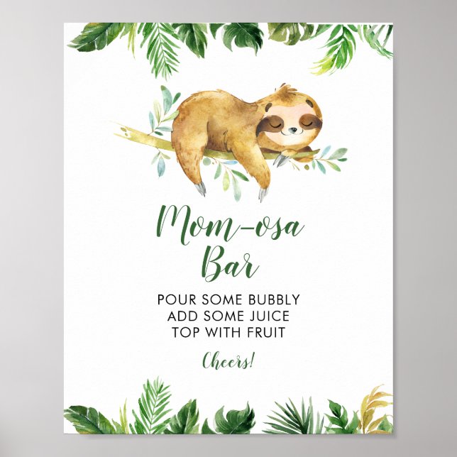 Affiche Tropical Boy Sloth Baby shower Mom-osa Bar (Devant)