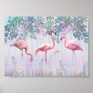 Affiche Tropical Cute Family Flamants roses Rose Aquarelle