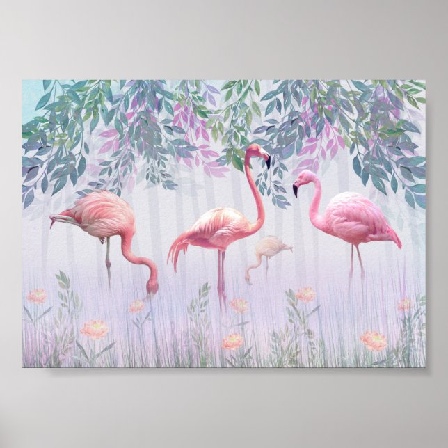 Affiche Tropical Cute Family Flamants roses Roses Aquarell (Devant)