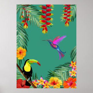 Affiche Tropical Delight hummingbird toucan flowers 