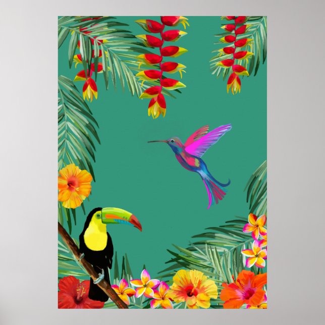 Affiche Tropical Delight hummingbird toucan flowers  (Devant)