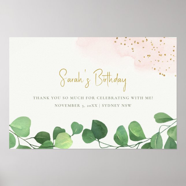 Affiche Tropical Eucalyptus Pink Gold Botanical Birthday (Devant)