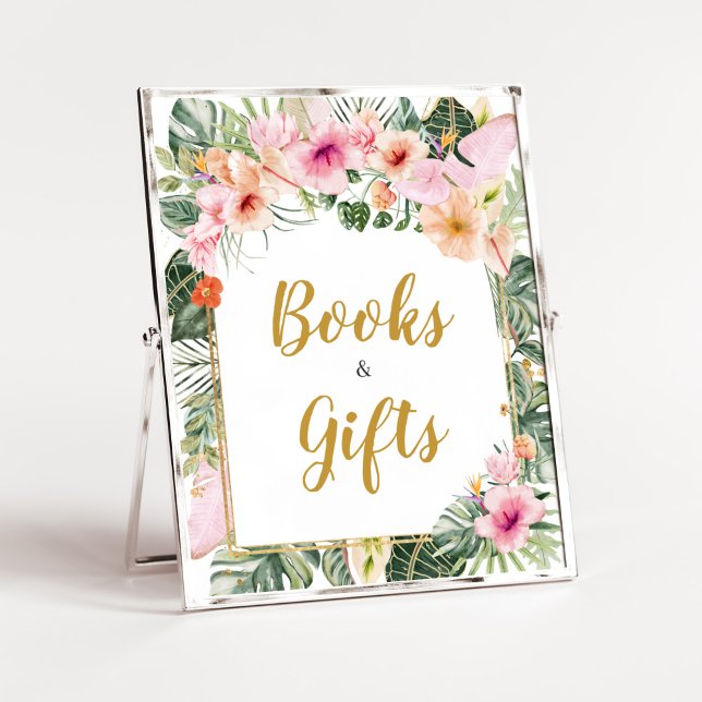 Affiche Tropical Floral Aloha Livres et cadeaux (Girl Hawaiian Baby Shower Books and Gifts Sign)