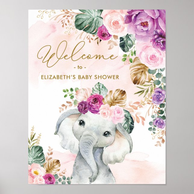 Affiche Tropical Floral Elephant Baby Shower Welcome (Devant)