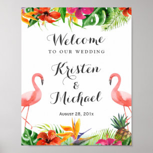 Affiche Tropical Floral Flamingo Couple Luau Wedding Sign