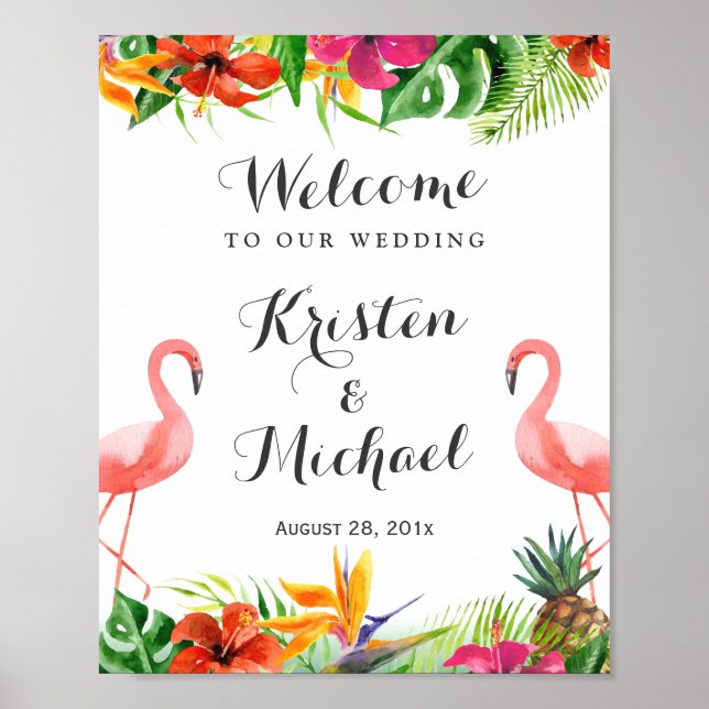 Affiche Tropical Floral Flamingo Couple Luau Wedding Sign (Devant)