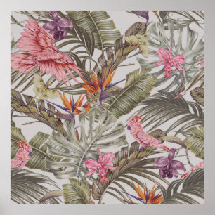 Affiche Tropical flowers, palm leaves, bird of paradise
