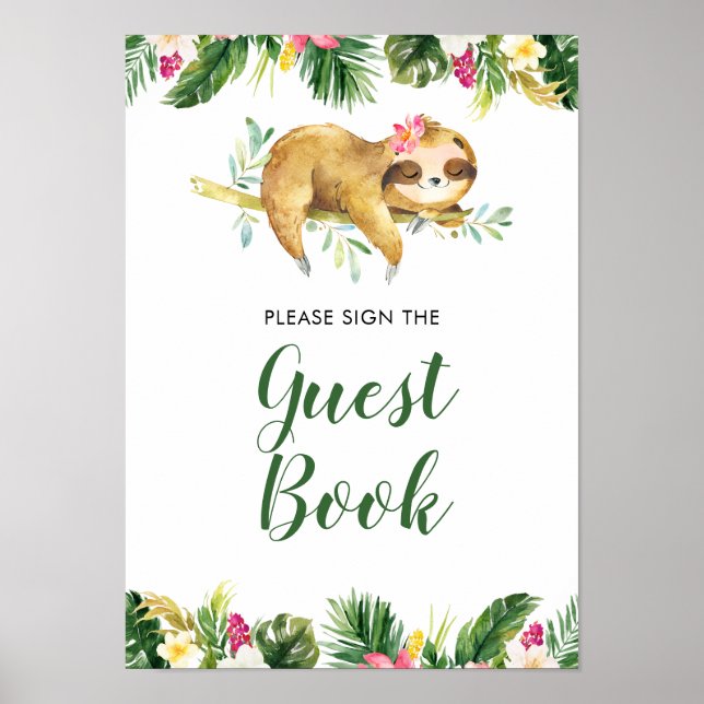 Affiche Tropical Girl Sloth Baby shower livre d'invité (Devant)