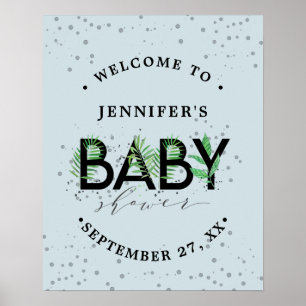 Affiche Tropical Green Foliage Blue Boy Baby shower