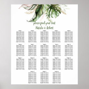 Affiche Tropical Greenery Blush Pink Gold Seating Chart