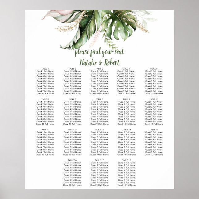Affiche Tropical Greenery Blush Pink Gold Seating Chart (Devant)