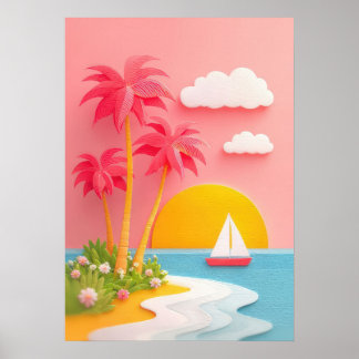 Affiche tropical island scene with palm trees, sailboat