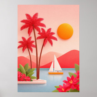 Affiche  tropical island scene with palm trees,  sailboat