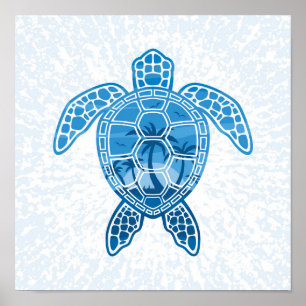 Affiche Tropical Island Sea Turtle Design en bleu