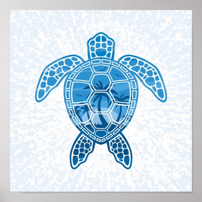 Affiche Tropical Island Sea Turtle Design en bleu (Devant)