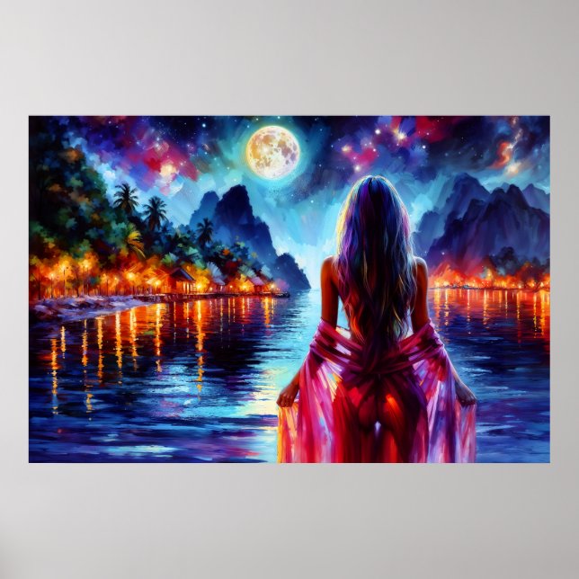 Affiche Tropical moonlit fantasy woman in paradise (Devant)
