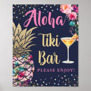 Affiche Tropical Navy Blue Ananas Rose Floral Tiki Bar