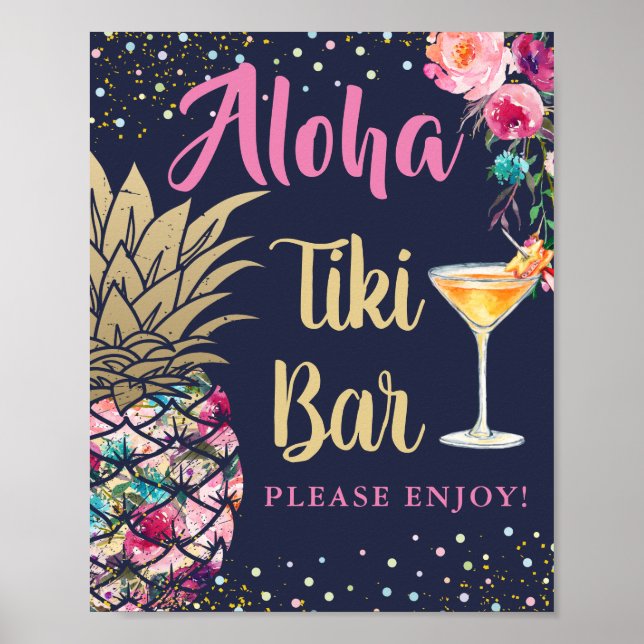 Affiche Tropical Navy Blue Ananas Rose Floral Tiki Bar (Devant)