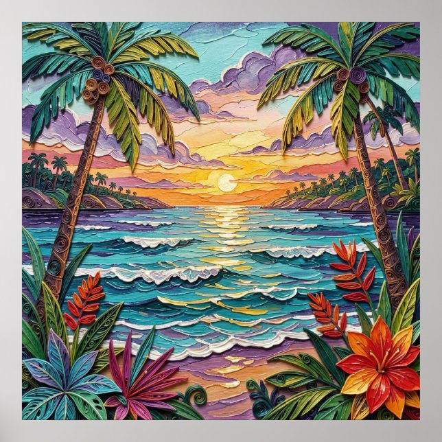 Affiche Tropical Paradise | Coastal Beach Scene Impasto (Devant)