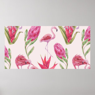 Affiche Tropical pink flowers, protea, bird of paradise fl