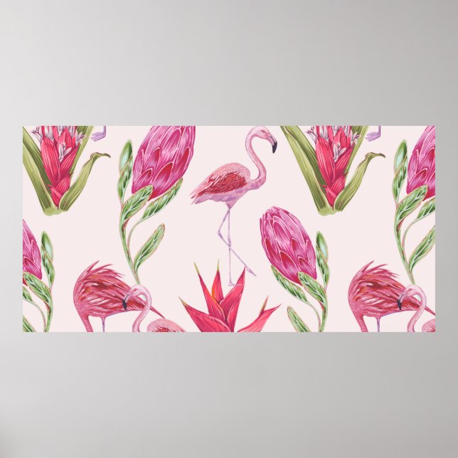 Affiche Tropical pink flowers, protea, bird of paradise fl (Devant)