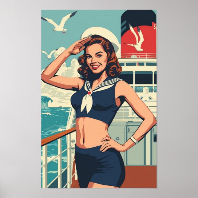 Affiche Tropical Sailor Pin-Up Girl – Retro 1950s Cruise  (Devant)