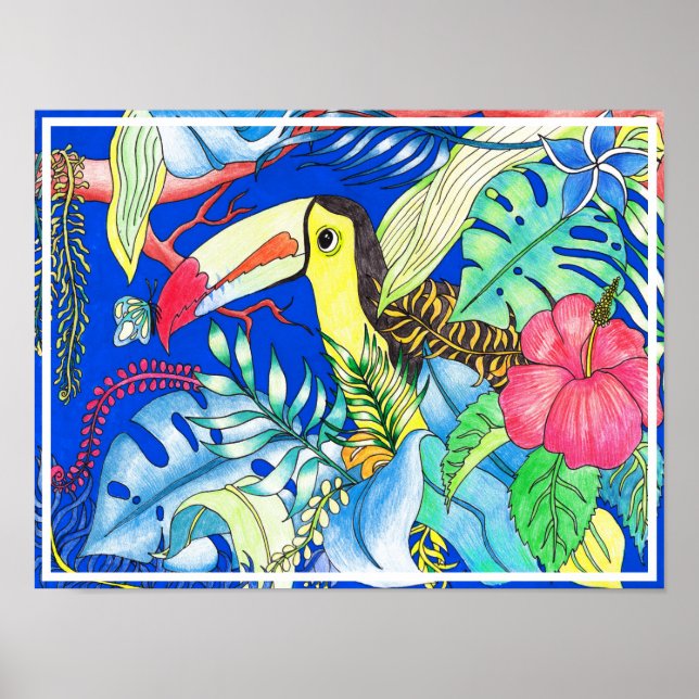 Affiche Tropical Toucan & Jungle Foliage Illustration (Devant)