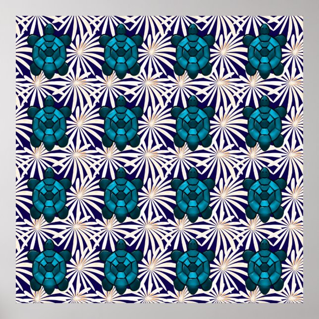 Affiche Tropical Turtle Floral Pattern Seamless Sea Turtle (Devant)