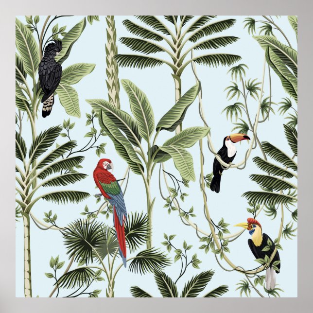 Affiche Tropical vintage palm trees, liana, macaw parrot,  (Devant)