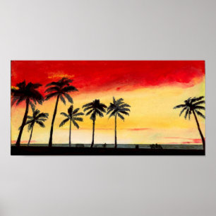 Affiche tropicale de coucher du soleil de palmiers