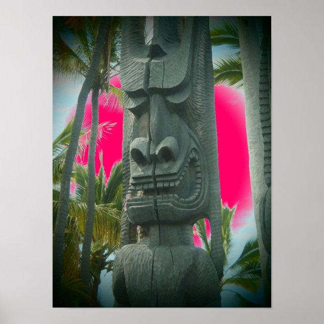 Affiche tropicale rose de la statue de tiki souria (Devant)