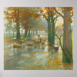 Affiche Troupeau de moutons avec bergère par un jour de pl
