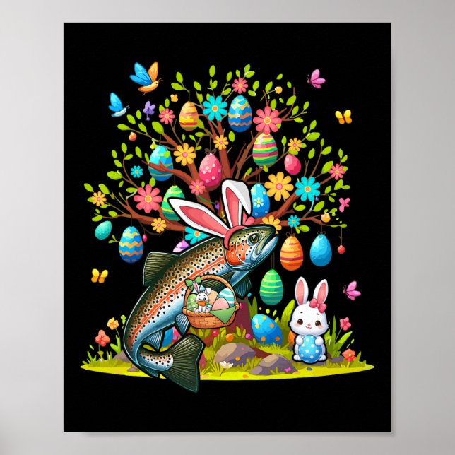 Affiche Trout Fish Bunny Easter Eggs Cute Tree Costume Hun (Devant)