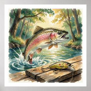 Affiche Truite arc-en-ciel sautant dans un ruisseau forest