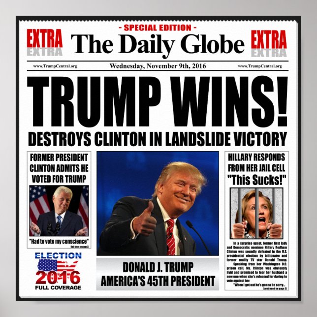 Affiche Trump gagne ! Funny Anti Clinton Fake News Newspap (Devant)