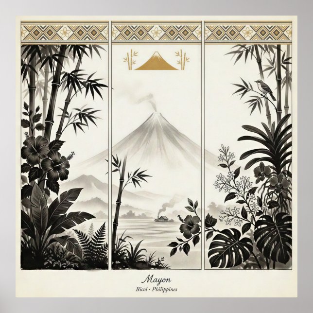 Affiche Tryptique mural artistique du volcan Mayon (Devant)