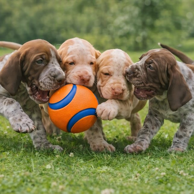 Affiche Tug-of-War de chiots joueurs (“Four paws, one ball — endless fun!”)