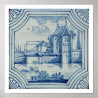 Tuile de Delft montrant un pont-levis au-dessus d'