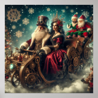 Affiche Tuile de Steampunk ~ Père Noël Avec Femme & Elfes