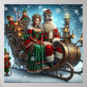 Affiche Tuile De Steampunk ~ Père Noël Avec Femme Et Elfes