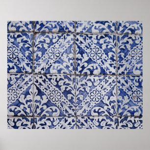 Affiche Tuiles portugaises - Azulejo Floral bleu et blanc