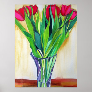 Affiche Tulière rouge et rose aquarelle fleurs art