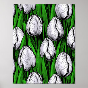 Affiche Tulières blanches avec feuilles verts