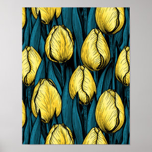 Affiche Tulières jaunes avec feuilles bleus